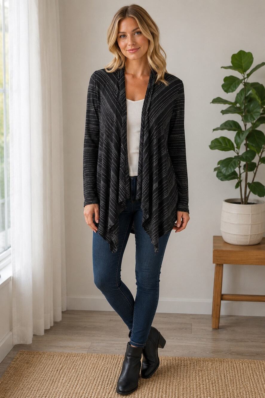 One Clothing Black Silver Metallic Waterfall Cardigan Large Lightweight Draped
